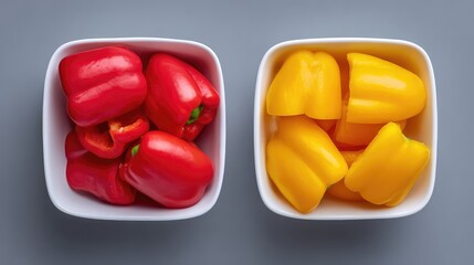 Poster - Minimal flat lay of chopped red and yellow bell peppers in square bowls with copy space on the side