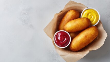 Poster - Mini corn dogs with ketchup and mustard placed in paper basket on light surface with space