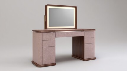 Poster - Modern vanity table with sleek drawers and built-in LED mirror lights, clean background with layout space