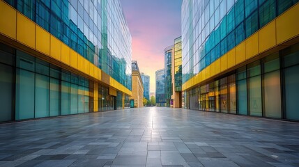 Poster - Modern shopping mall exterior with wide entrance and glass storefronts, empty pedestrian zone for text overlay