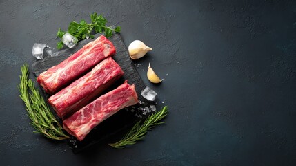 Fototapete - Neatly arranged beef ribs on dark slate with fresh herbs, garlic, and ice cubes, surrounded by empty space