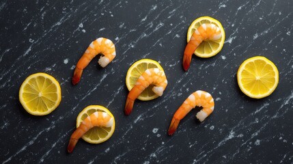 Aufkleber - Neatly arranged shrimp tails on black marble with lemon slices and ample space for design