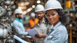 © saokaew - Woman wearing hard hat and glasses overseeing work at engineering construction site with team members outdoors