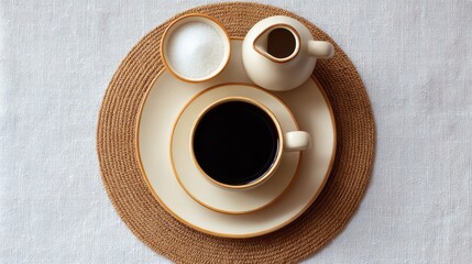 Poster - Overhead shot of a coffee set including cup, saucer, sugar bowl, and milk jug on a linen placemat with open background