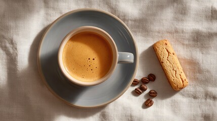 Poster - Overhead view of coffee cup and saucer with biscotti and coffee beans scattered on white linen with layout room