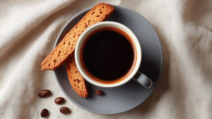 Poster - Overhead view of coffee cup and saucer with biscotti and coffee beans scattered on white linen with layout room
