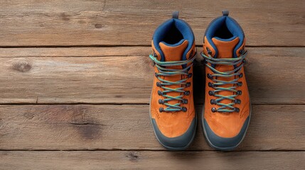 Poster - Overhead view of hiking boots placed on rustic wooden floor with open space to one side