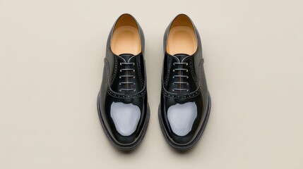 Aufkleber - Pair of glossy formal shoes displayed symmetrically on neutral matte background with copy space
