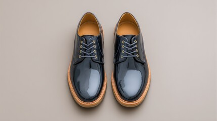 Aufkleber - Pair of glossy formal shoes displayed symmetrically on neutral matte background with copy space