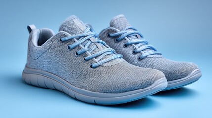 Poster - Pair of lightweight walking shoes on smooth pastel blue surface with layout space on side