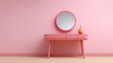 Aufkleber - Powder pink dressing table with thin legs and minimalist mirror against pastel wall with layout room