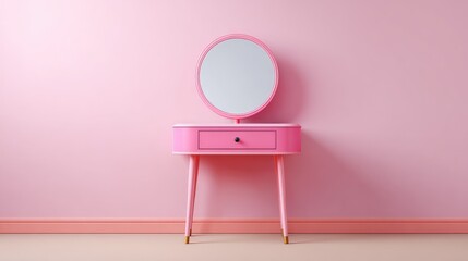 Aufkleber - Powder pink dressing table with thin legs and minimalist mirror against pastel wall with layout room