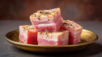 Fototapete - Raw cold pork belly pieces with cracked pepper on top placed on a cold metal plate with space