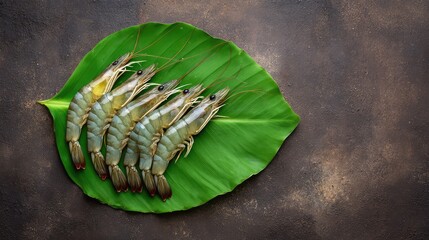 Poster - Raw shrimp fanned out on a banana leaf with rustic background and clear space