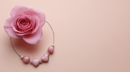 Aufkleber - Romantic jewelry with hearts and rose motifs arranged on blush-toned background with space