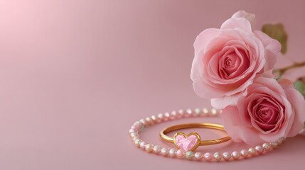 Aufkleber - Romantic jewelry with hearts and rose motifs arranged on blush-toned background with space