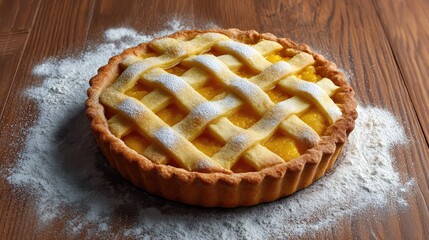 Poster - Rustic pie with lattice crust placed on a wooden table surrounded by scattered flour and copy space