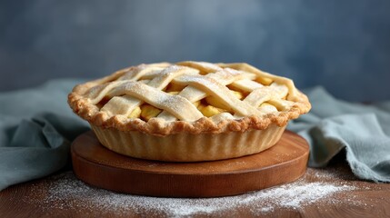 Poster - Rustic pie with lattice crust placed on a wooden table surrounded by scattered flour and copy space