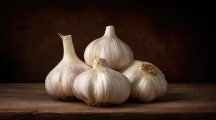 Aufkleber - Rustic setup of fresh whole garlic bulbs on dark wood with soft shadows and room for text