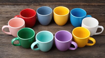 Poster - Set of colorful ceramic coffee mugs arranged in a circle on rustic wood surface with open copy space
