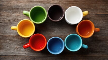 Poster - Set of colorful ceramic coffee mugs arranged in a circle on rustic wood surface with open copy space