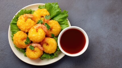 Poster - Shrimp tempura arranged on white plate with crispy texture, surrounded by layout space