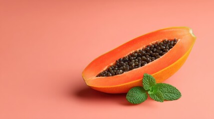 Fototapete - Sliced papaya with seeds and mint garnish placed on light pink background with open space