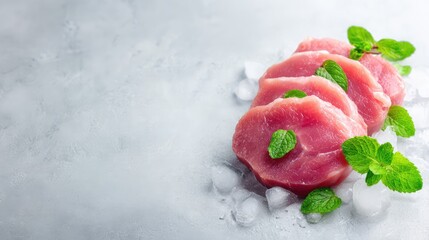 Poster - Sliced raw lamb meat displayed on a marble slab with ice and herbs, with copy space around