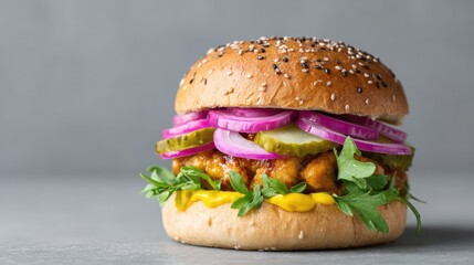 Fototapete - Spicy chicken sandwich on sesame bun with pickles and sauce on neutral background with copy space