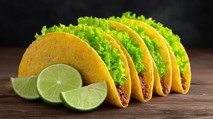 Fototapete - Tacos filled with meat, cheese, and lettuce arranged neatly with lime slices on rustic background
