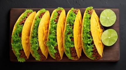 Fototapete - Tacos filled with meat, cheese, and lettuce arranged neatly with lime slices on rustic background