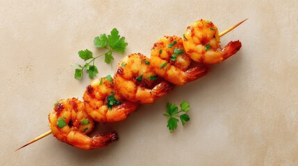 Fototapete - Top-down image of grilled shrimp skewers placed on a textured background with empty layout area