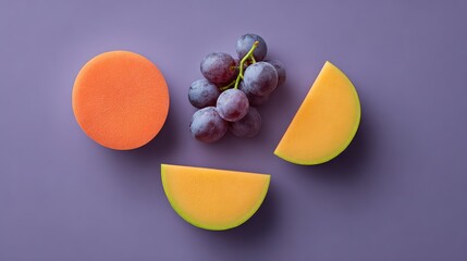 Fototapete - Top-down shot of juicy grapes and melon slices arranged geometrically with empty space