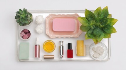 Fototapete - Top-down view of an organized vanity table with decorative trays and white background leaving space