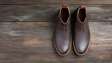 Fototapete - Top view of classic ankle boots without logo placed on rustic wood with layout space