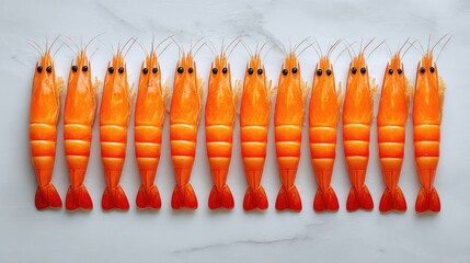 Fototapete - Top view of peeled shrimp arranged in rows on light marble surface with layout space on the side