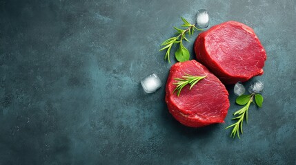 Poster - Top view of raw chilled beef steaks on a stone surface with ice cubes and herbs, leaving clean copy space around the edges