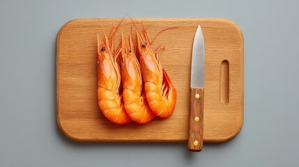 Fototapete - Top view of shrimp being prepped on a chopping board with knife and blank background