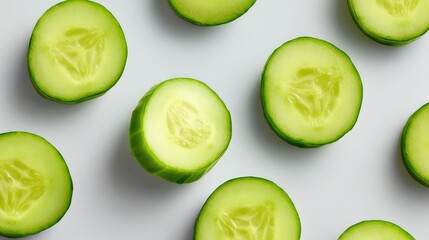 Poster - Top view of sliced cucumbers in clean geometric layout on light surface with open space