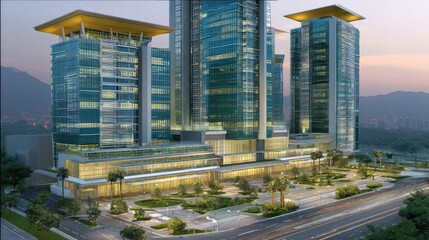 Fototapete - Urban high-rise with glass curtain walls and sunshades, landscaped plaza below with wide open area