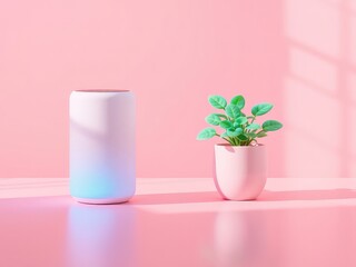 Leinwandbilder - Modern pastel scene featuring a speaker and a small potted plant on a pink surface against a matching background