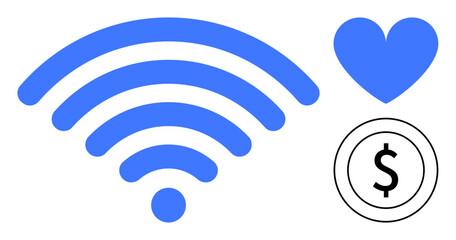 Aufkleber - blue wireless signal icon, blue heart, and black dollar sign in circle highlight connectivity, emoti