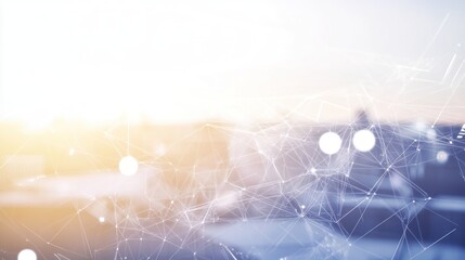 Poster - Abstract network connection on blurred city background at sunset