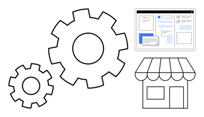 Gears representing efficiency, online interface for web management, storefront for commerce. Ideal for business workflow, automation, e-commerce, technology, system integration, entrepreneurship