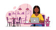 © Picassology - A young Black woman with braided hair works diligently on her laptop at a cozy cafe table, enjoying a warm beverage in a modern, flat illustration style.