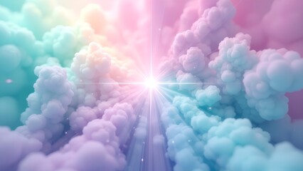 Wall Mural - A radiant light beams through soft, colorful clouds in pastel hues, creating a dreamy and ethereal sky scene.