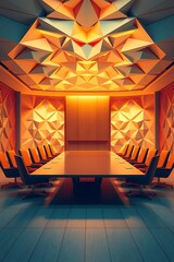 Poster - A modern conference room with a unique geometric ceiling and wall design offering a vibrant and