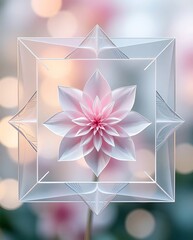 Poster - Elegant floral design with geometric glass frame against soft bokeh background, showcasing beauty