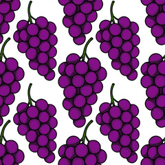 Poster - Seamless vector pattern of dark purple grapes bunches, hand-drawn style illustration with bold outlines, perfect for wine label design or fresh fruit packaging.