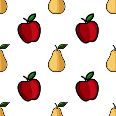 Poster - Seamless vector pattern featuring alternating red apples and yellow pears, rendered in a bold, cartoonish style with black outlines against a white background, creating a playful and vibrant design.